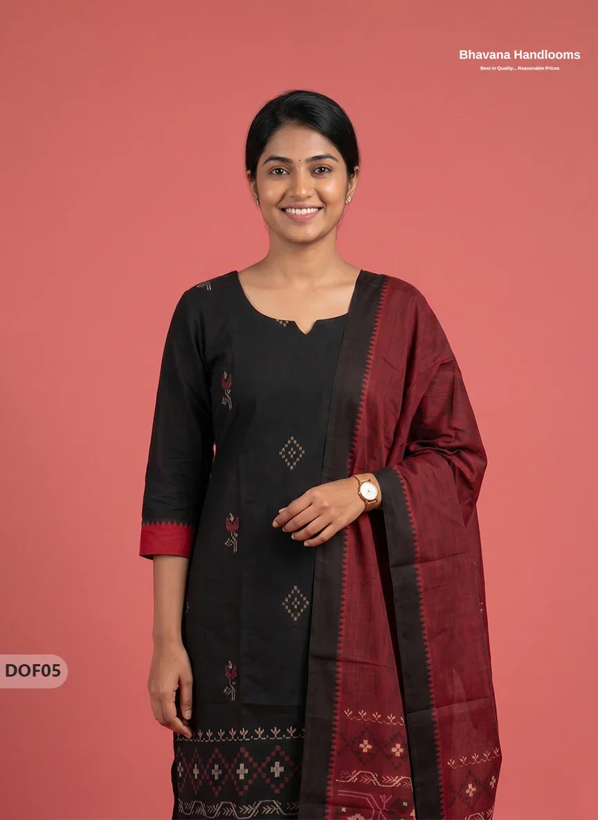 Mangalagiri Handloom Printed Cotton Kurti Set Black Colour with Elastic Bottom | Ready-to-Wear Ethnic Wear
