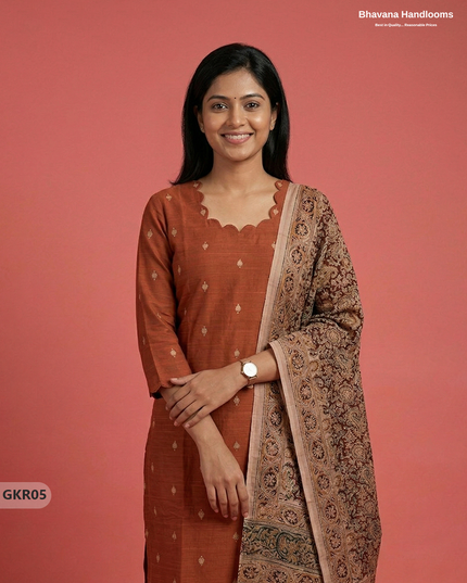 Raw Silk 3PC Kurti Set with Kalamkari Dupatta & Elastic Bottom in Orange Colour | Ethnic Wear