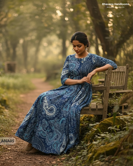 Blue Floral Long Anarkali Frock – Umbrella Flair Design