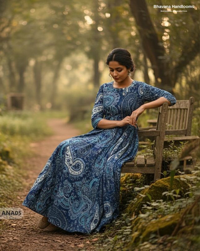 Blue Floral Long Anarkali Frock – Umbrella Flair Design