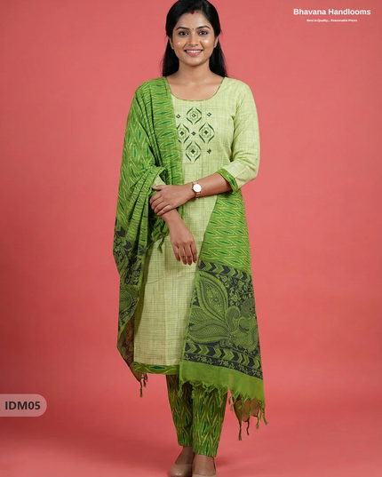 Premium Ikkat Kalamkari Printed Ready-to-Wear Dress in Pista Green | Full Length Lining