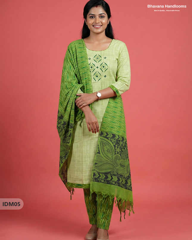 Premium Ikkat Kalamkari Printed Ready-to-Wear Dress in Pista Green | Full Length Lining