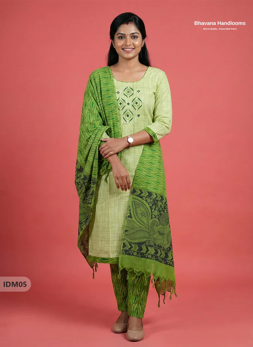 Premium Ikkat Kalamkari Printed Ready-to-Wear Dress in Pista Green | Full Length Lining