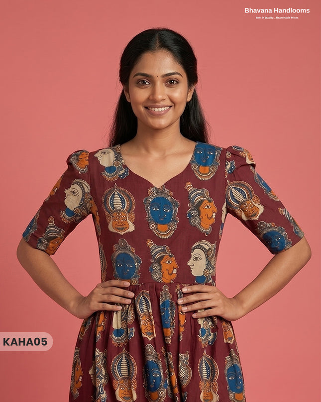 Kathakali Design Kalamkari Frock – Dark Wine Colour with Half Lining