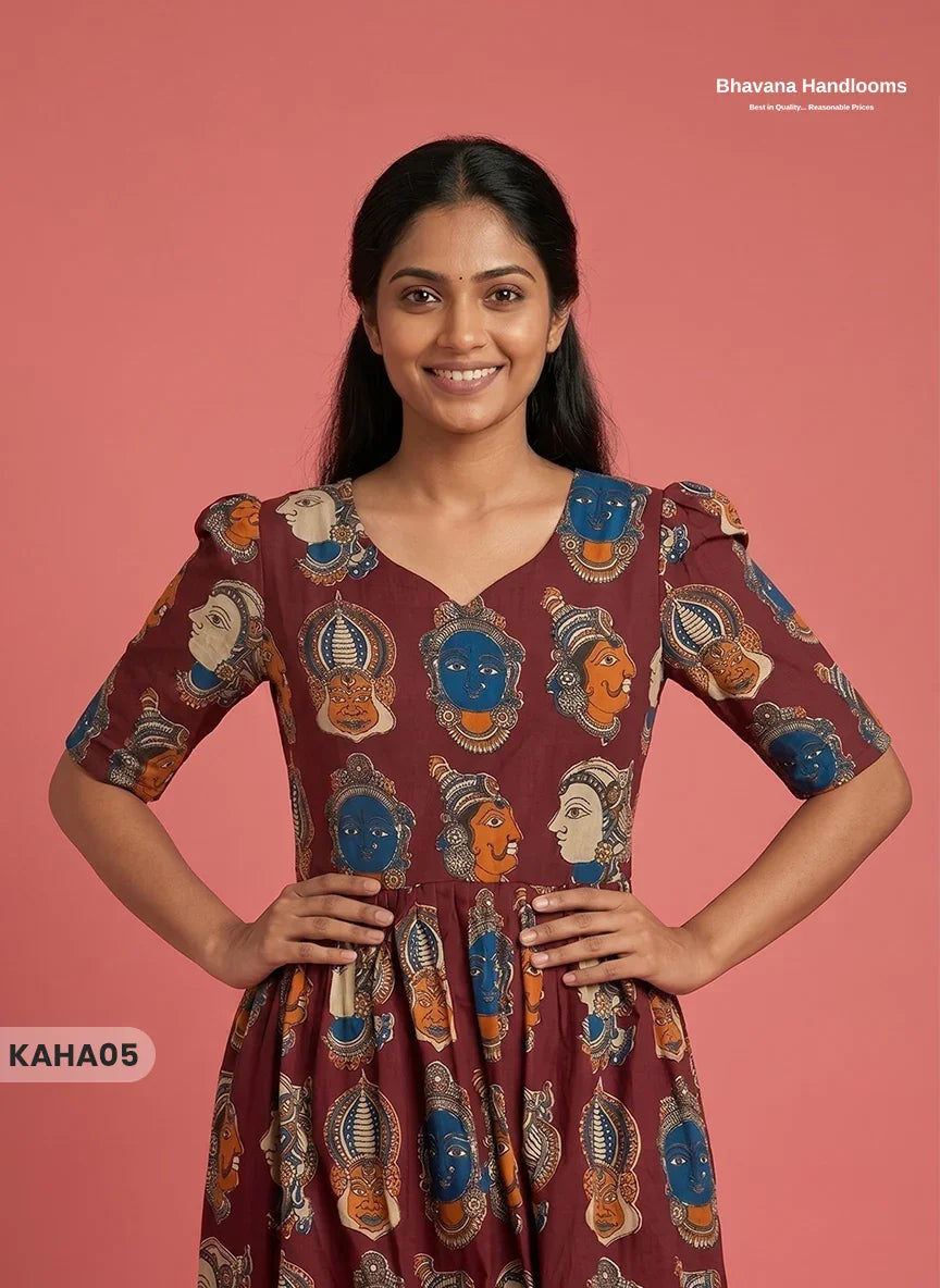 Kathakali Design Kalamkari Frock – Dark Wine Colour with Half Lining