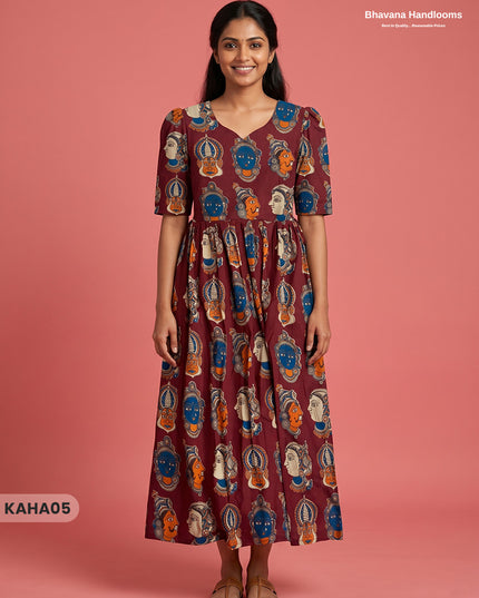 Kathakali Design Kalamkari Frock – Dark Wine Colour with Half Lining