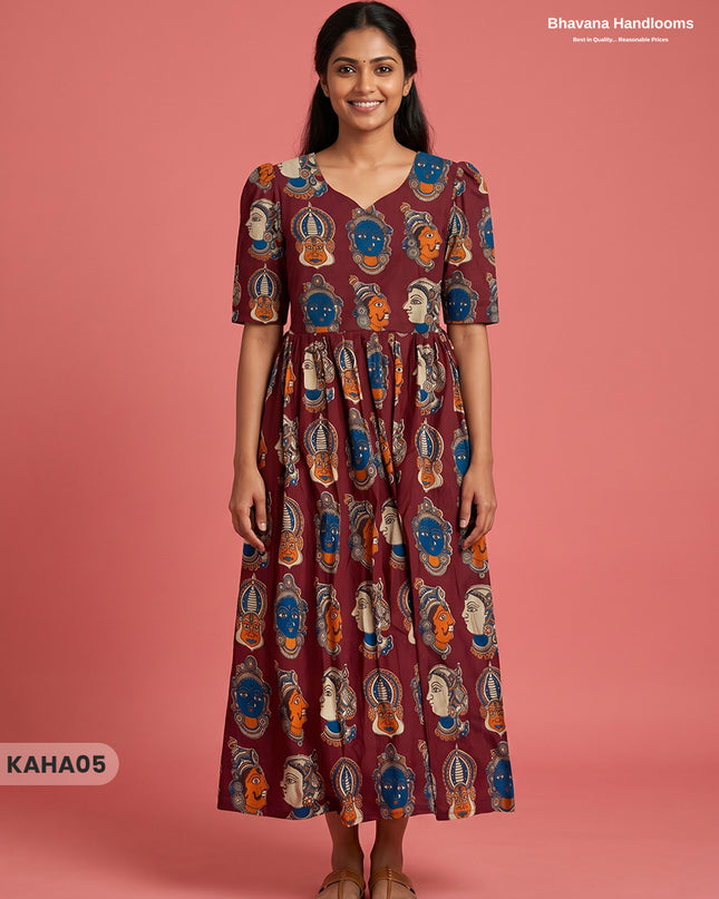 Kathakali Design Kalamkari Frock – Dark Wine Colour with Half Lining