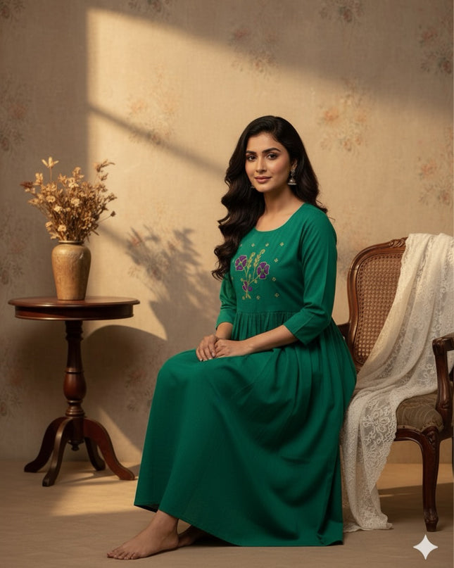 Cotton Plain Long Frock with Dark Cyan Colour