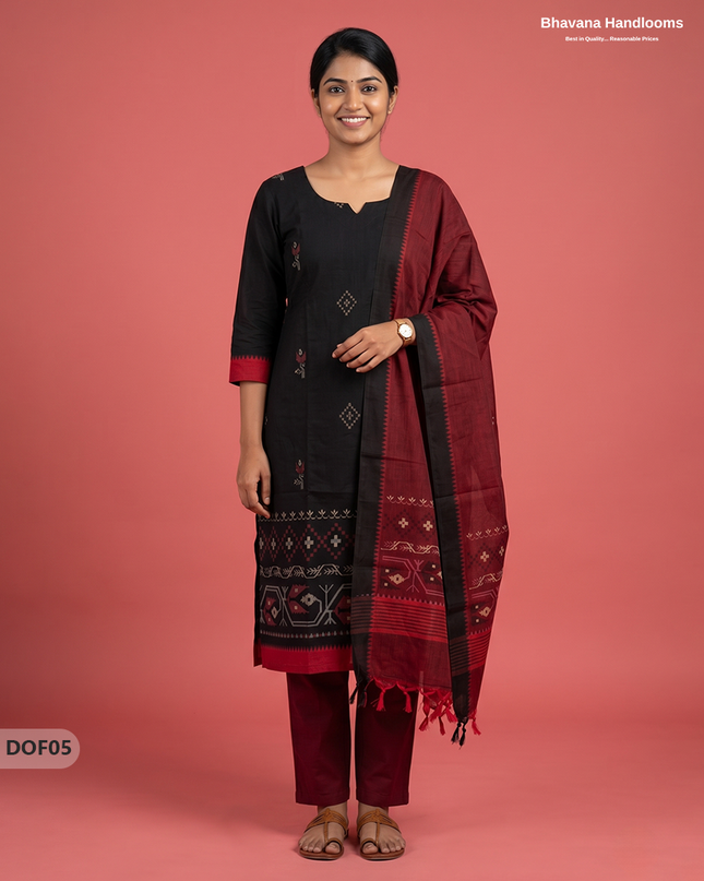 Mangalagiri Handloom Printed Cotton Kurti Set Black Colour with Elastic Bottom | Ready-to-Wear Ethnic Wear