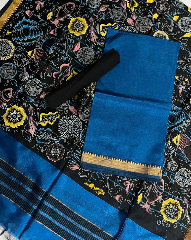 Mangalagiri Semi Pattu Dress Material with Zari Border – Blue Colour