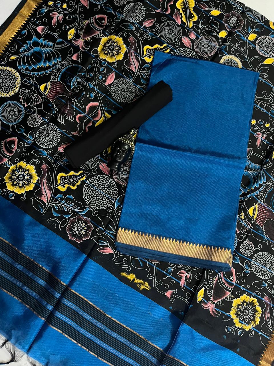Mangalagiri Semi Pattu Dress Material with Zari Border – Blue Colour