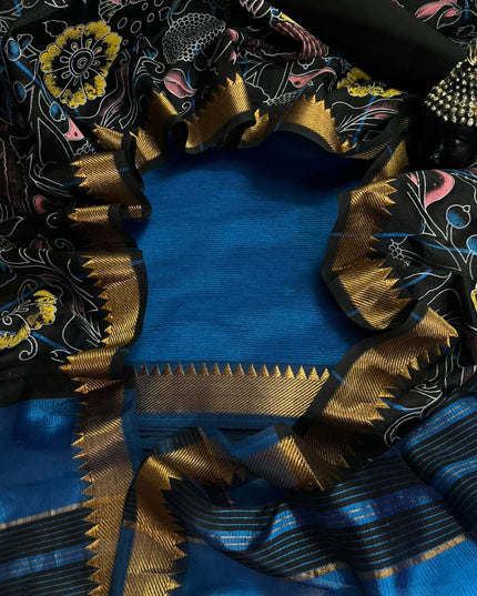 Mangalagiri Semi Pattu Dress Material with Zari Border – Blue Colour