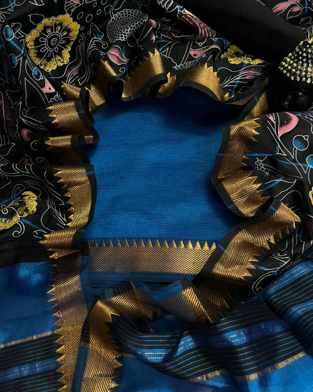 Mangalagiri Semi Pattu Dress Material with Zari Border – Blue Colour