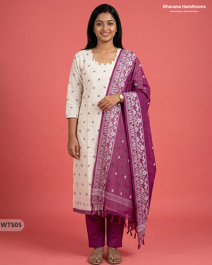 Stylish Handloom Jacquard 3PC Kurti Set with Printed Dupatta & Half White Kurti