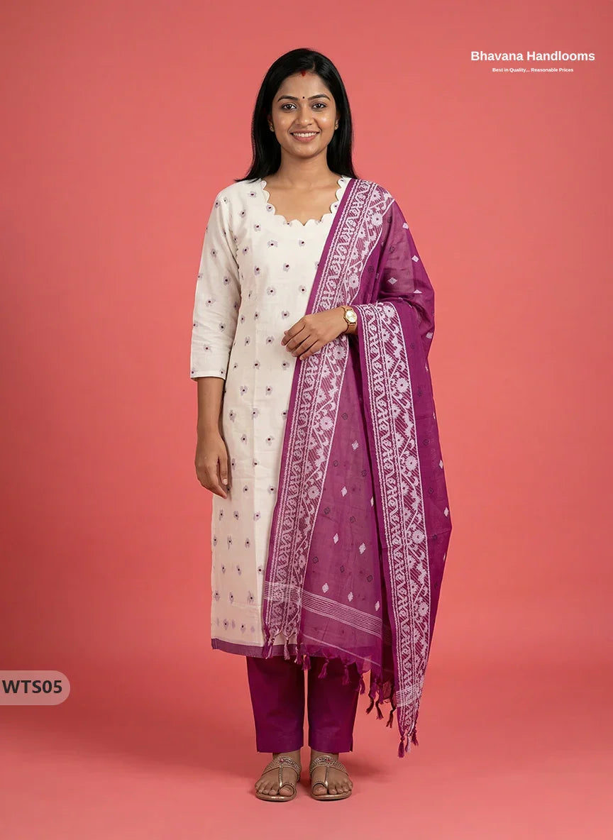 Stylish Handloom Jacquard 3PC Kurti Set with Printed Dupatta & Half White Kurti
