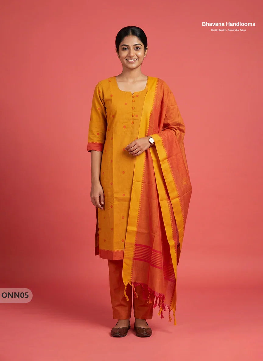 Mangalagiri Premium Cotton 3PC Set with Full-Length Lining & Elastic Pocket Bottom – Yellow colour