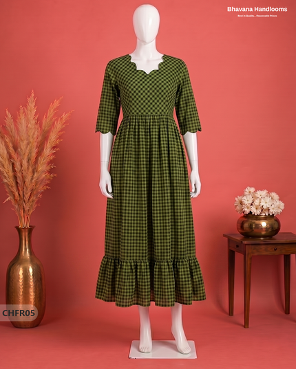 Handloom Cotton Frock in Olive Green & Black Checks with Stylish Neck Cut Work | Soft & Comfortable