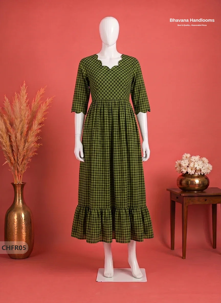 Mangalagiri Cotton Frock in Olive Green & Black Checks with Stylish Neck Cut Work | Soft & Comfortable