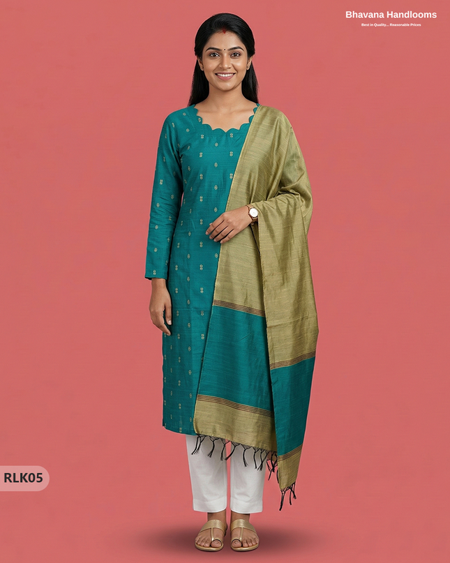 Raw Silk 2PC Set in Green Colour | Top & Bottom Only Ethnic Wear