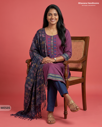 Premium Mangalagiri Kurti Set with Embroidery Design, Threads Bottom & Printed Dupatta – Deep Orchid Colour