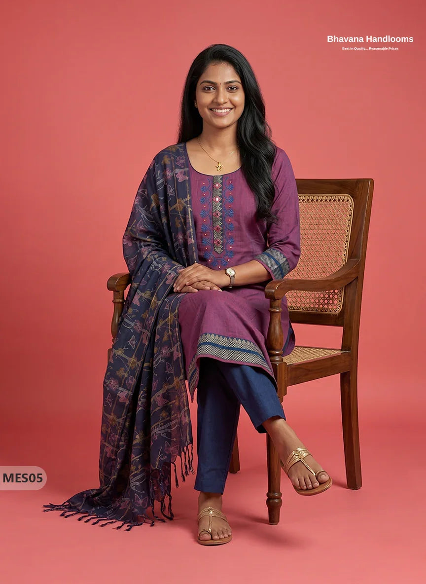 Premium Mangalagiri Kurti Set with Embroidery Design, Threads Bottom & Printed Dupatta – Deep Orchid Colour