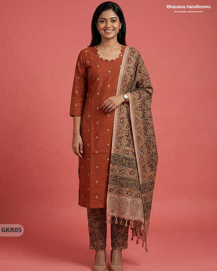 Raw Silk 3PC Kurti Set with Kalamkari Dupatta & Elastic Bottom in Orange Colour | Ethnic Wear