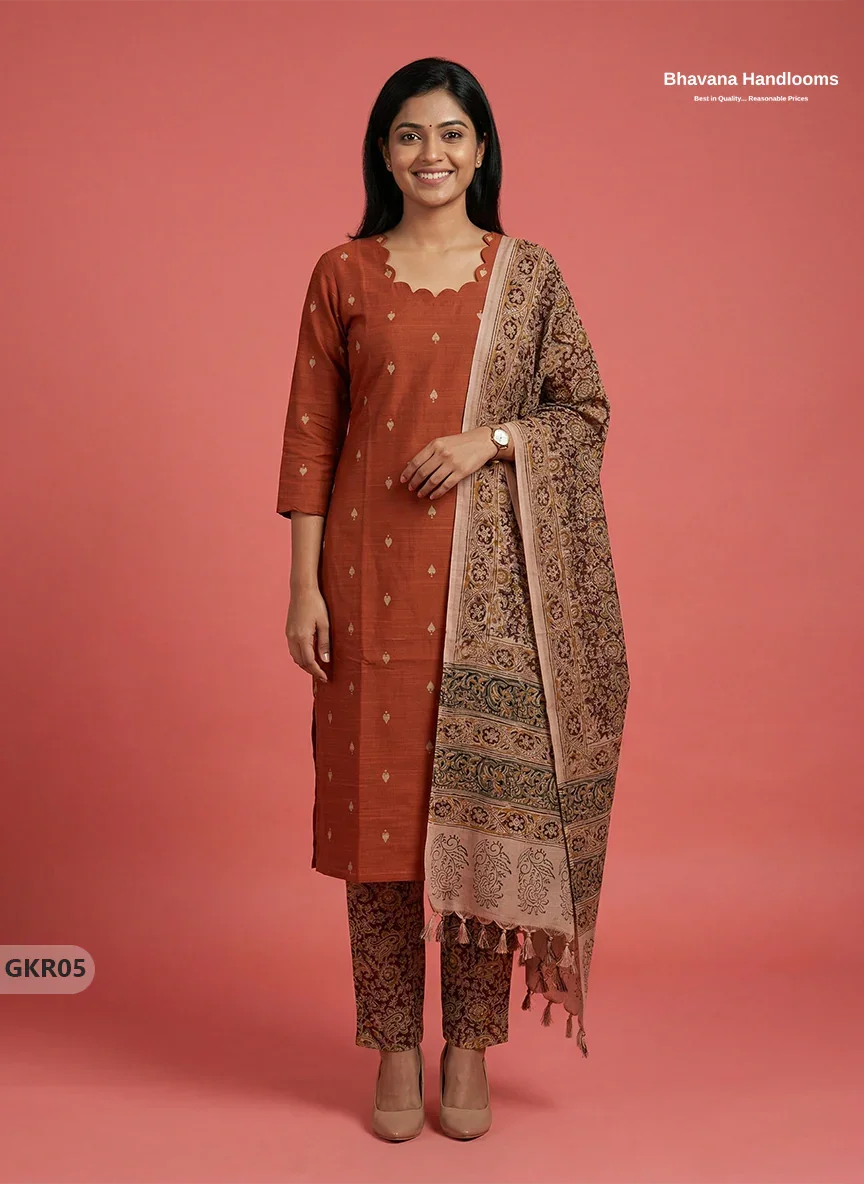Raw Silk 3PC Kurti Set with Kalamkari Dupatta & Elastic Bottom in Orange Colour | Ethnic Wear