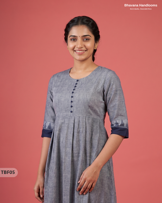 Premium Mangalagiri Temple Border Frock with Potli Balls | Slate grey with blue undertones Colour | Half Lining