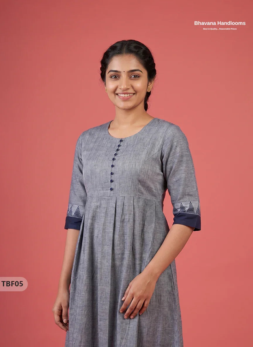 Premium Mangalagiri Temple Border Frock with Potli Balls | Slate grey with blue undertones Colour | Half Lining
