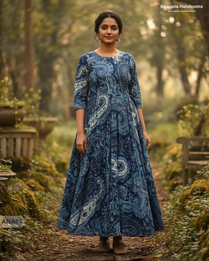 Blue Floral Long Anarkali Frock – Umbrella Flair Design