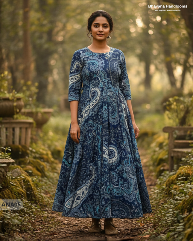 Blue Floral Long Anarkali Frock – Umbrella Flair Design