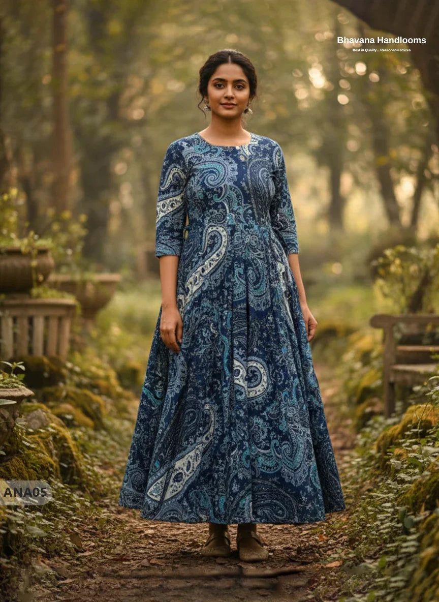 Blue Floral Long Anarkali Frock – Umbrella Flair Design