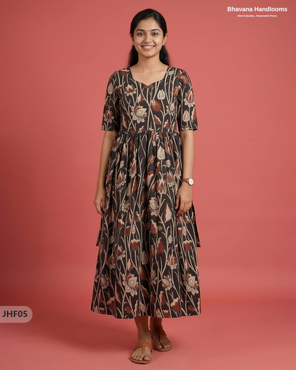 Kalamkari Design Frock – Black Colour | Handloom Ethnic Wear with Half Lining