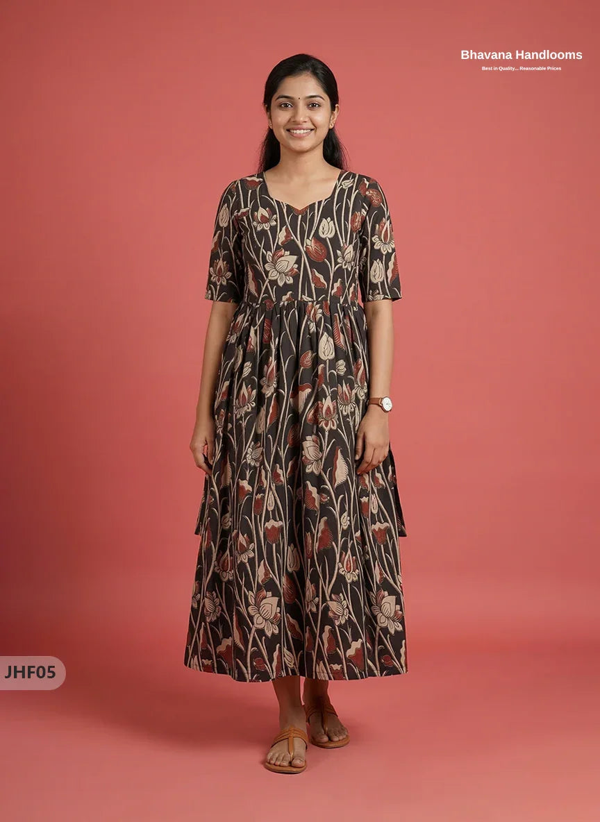 Kalamkari Design Frock – Black Colour | Handloom Ethnic Wear with Half Lining