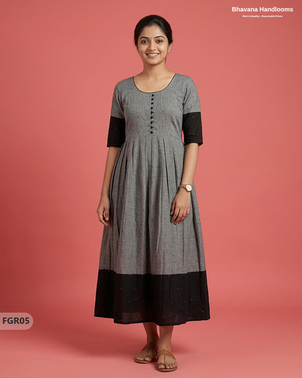 Summer Special Premium Cotton Handloom Frock with Woven Design | Gray Colour