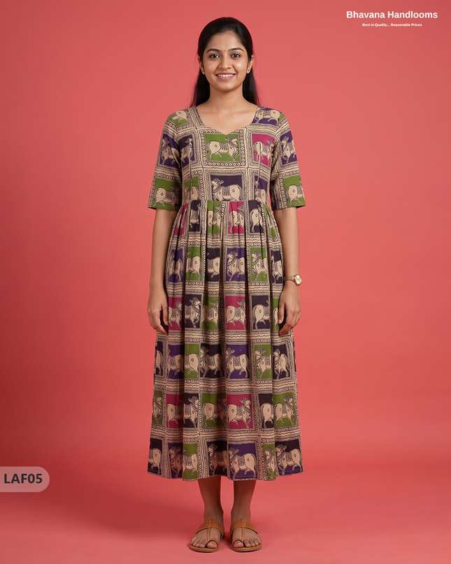 Feeding Frock with Kalamkari Design – Beige Color | Invisible Zips | Half Lining Maternity Wear