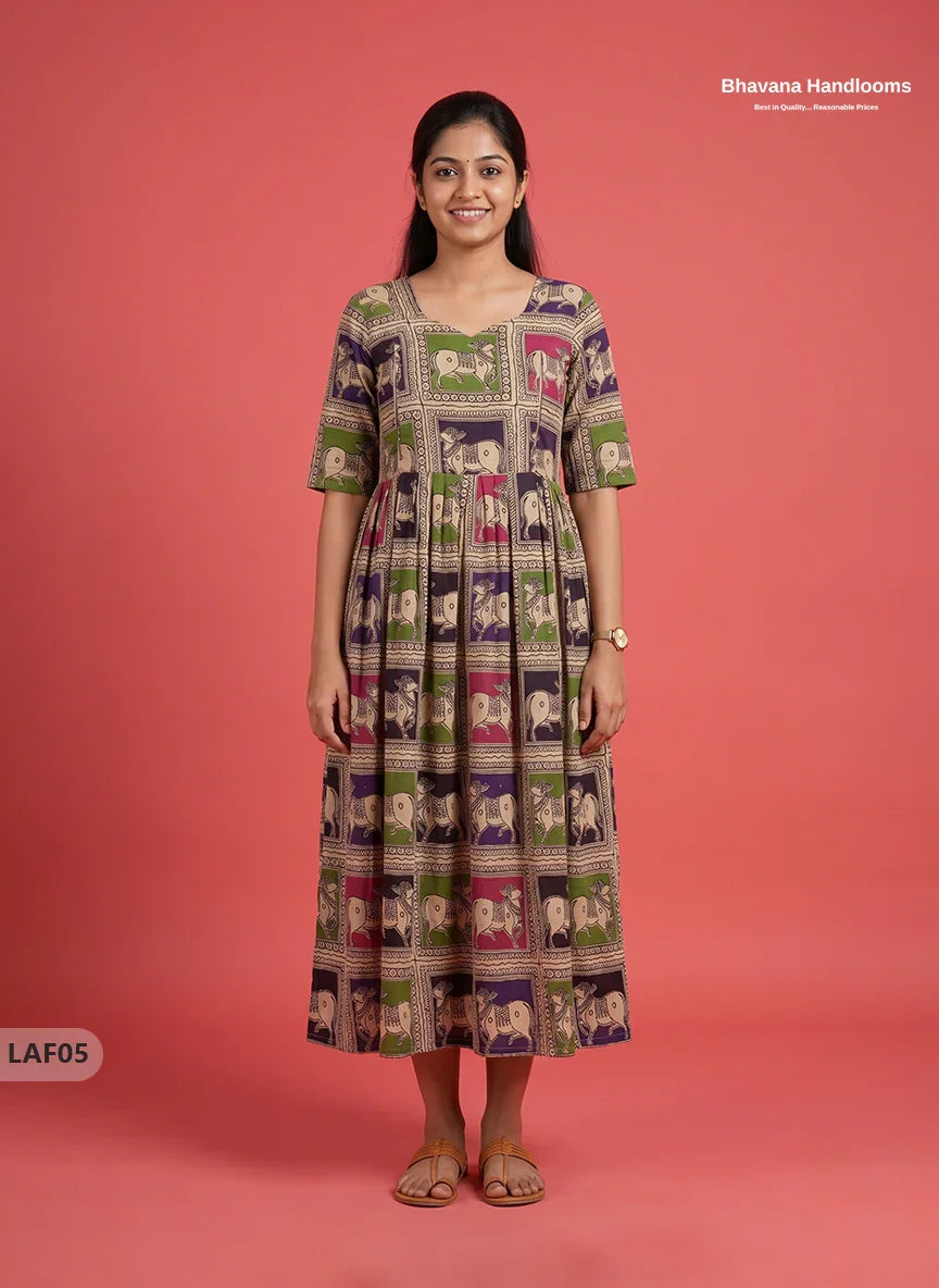 Feeding Frock with Kalamkari Design – Beige Color | Invisible Zips | Half Lining Maternity Wear