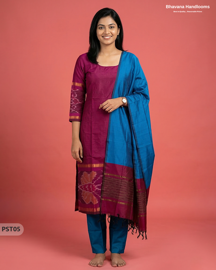 Pochampally Semi Pattu 3PC Kurti Set in Dark Pink Colour | Ready-to-Wear Ethnic Wear