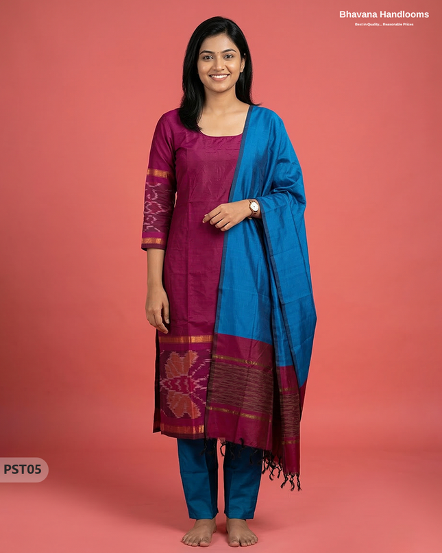 Pochampally Semi Pattu 3PC Kurti Set in Dark Pink Colour | Ready-to-Wear Ethnic Wear