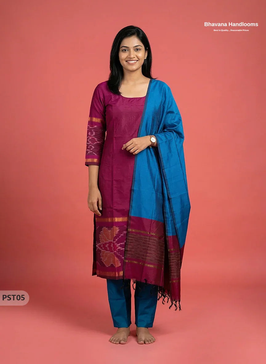 Pochampally Semi Pattu 3PC Kurti Set in Dark Pink Colour | Ready-to-Wear Ethnic Wear