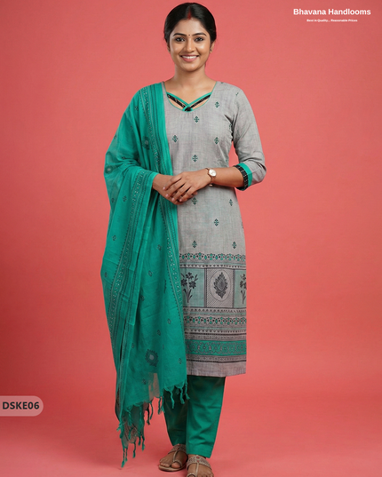 Stylish Grey Sea Green Designer Kurti Set | 3Pc Ready-to-Wear Outfit