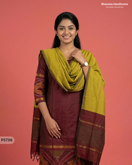 Pochampally Semi Pattu 3PC Kurti Set in Maroon Colour | Ready-to-Wear Ethnic Wear