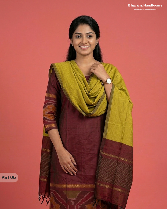 Pochampally Semi Pattu 3PC Kurti Set in Maroon Colour | Ready-to-Wear Ethnic Wear