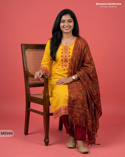 Premium Mangalagiri Kurti Set with Embroidery Design, Threads Bottom & Printed Dupatta – Yellow Colour