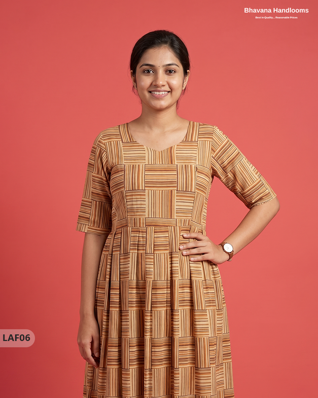 Feeding Frock with Kalamkari Design – Light Brown Color | Invisible Zips | Half Lining Maternity Wear