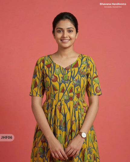 Kalamkari Design Frock – Yellow Colour | Handloom Ethnic Wear with Half Lining