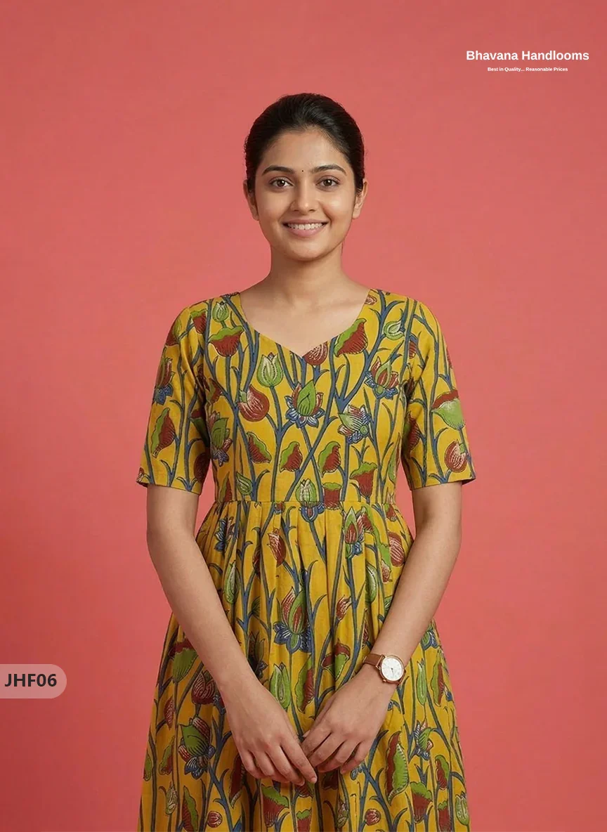 Kalamkari Design Frock – Yellow Colour | Handloom Ethnic Wear with Half Lining