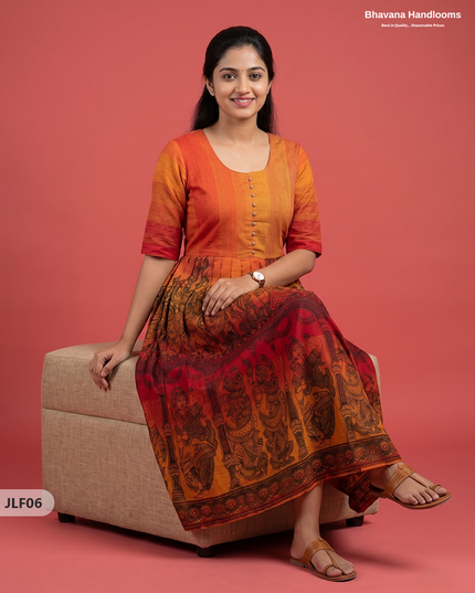 Traditional Handloom Frock with Ramayanam Design Prints in Multi Colour Shades | Vermilion Orange Colour