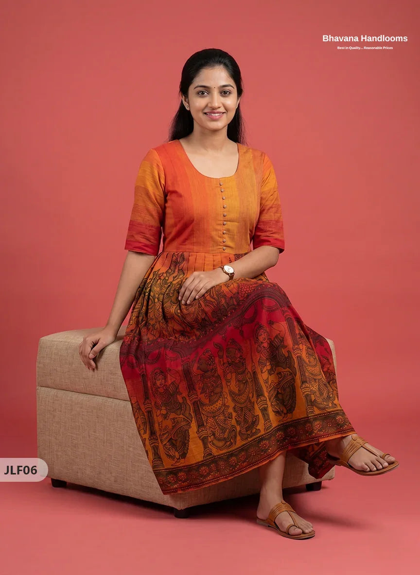 Traditional Handloom Frock with Ramayanam Design Prints in Multi Colour Shades | Vermilion Orange Colour
