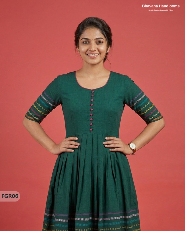Summer Special Premium Cotton Handloom Frock with Woven Design | Dark Green Colour